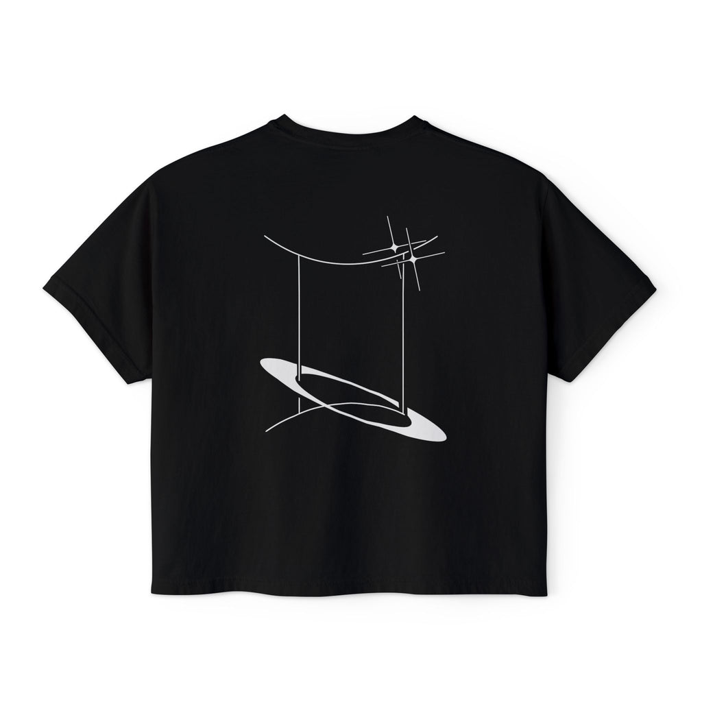 Back view of a Black t-shirt featuring a minimalist gemini zodiac design in orbital line-art