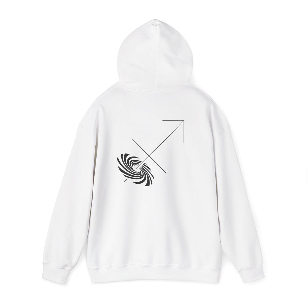 Back view of a white hoodie featuring a minimalist Sagittarius zodiac design in orbital line-art