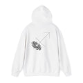 Back view of a white hoodie featuring a minimalist Sagittarius zodiac design in orbital line-art