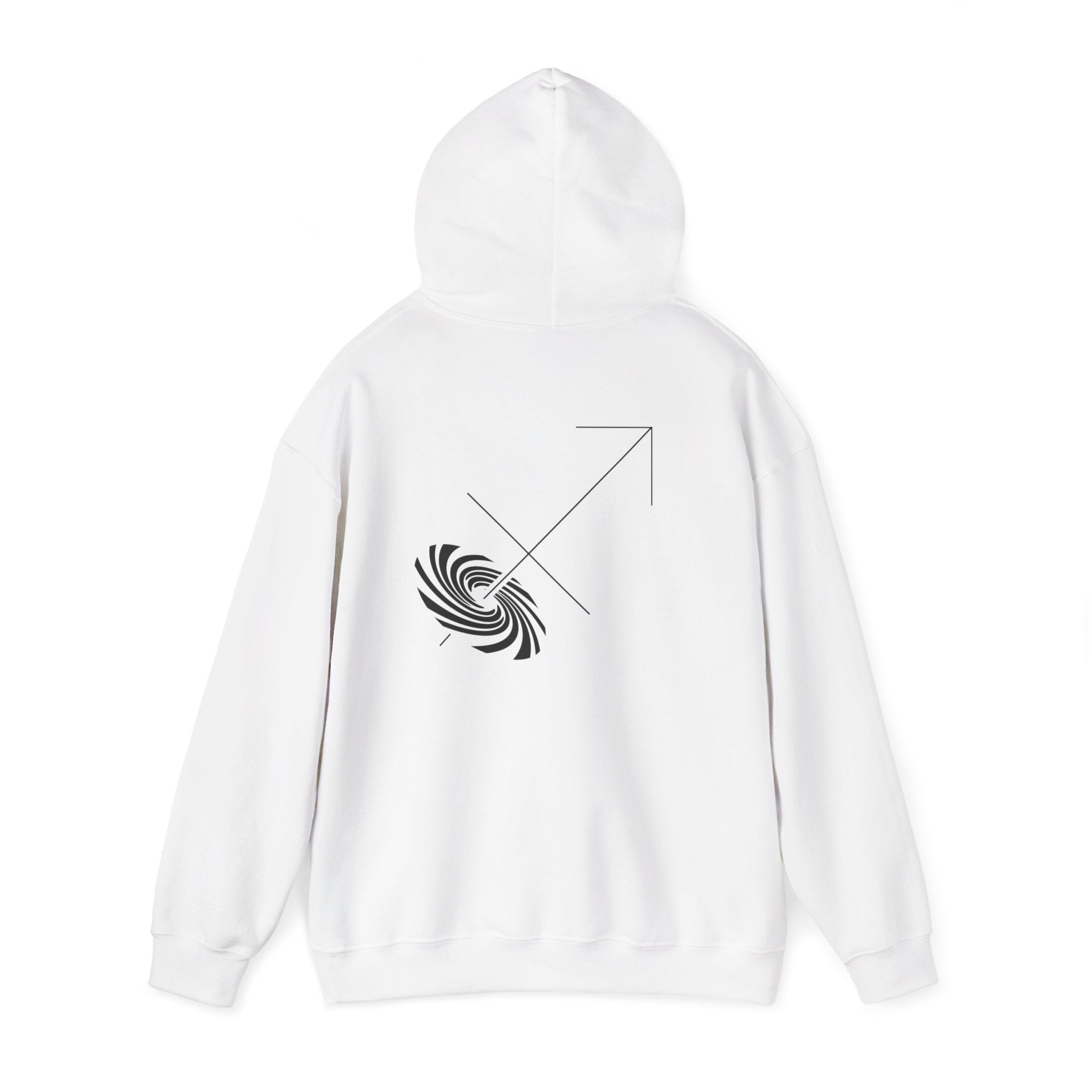 Back view of a white hoodie featuring a minimalist Sagittarius zodiac design in orbital line-art