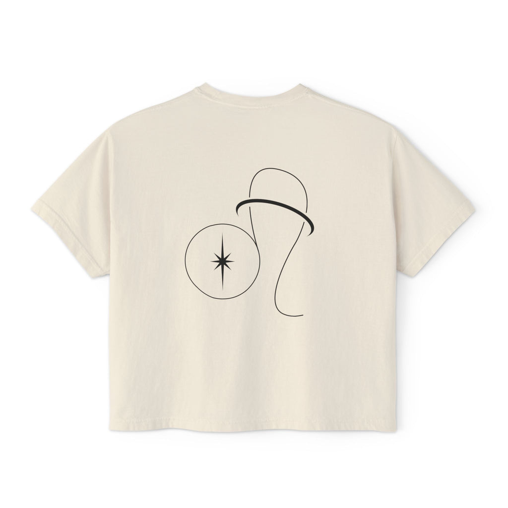 Back view of a Beige t-shirt featuring a minimalist Leo zodiac design in orbital line-art