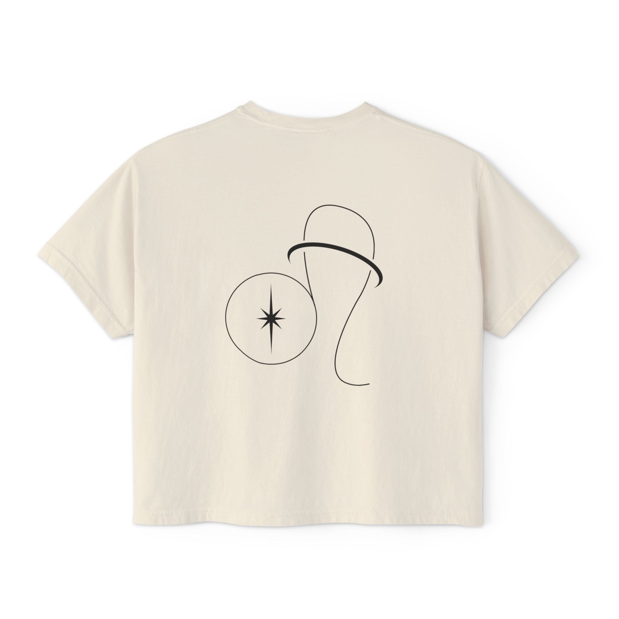 Back view of a Beige t-shirt featuring a minimalist Leo zodiac design in orbital line-art