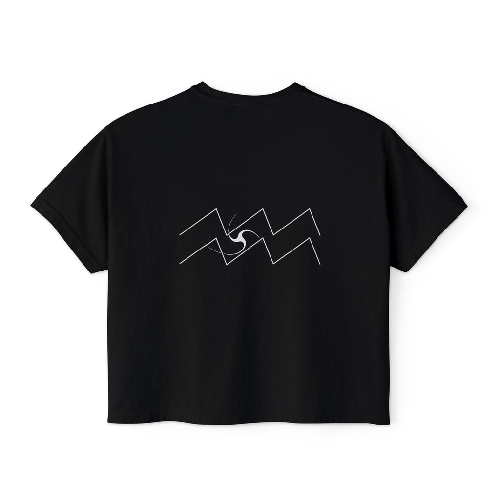 Back view of a Black t-shirt featuring a minimalist Aquarius zodiac design in orbital line-art