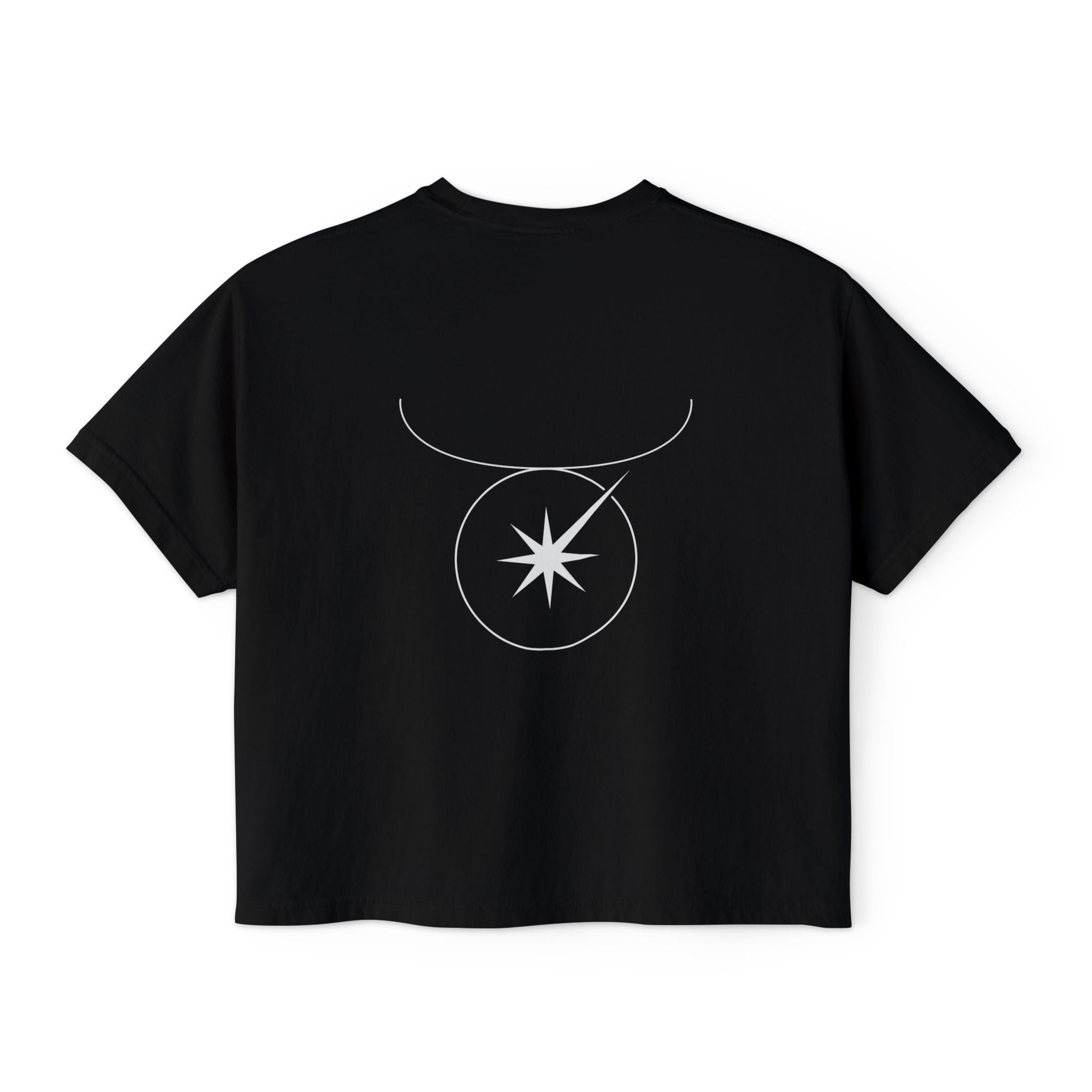 Back view of a Black t-shirt featuring a minimalist Taurus zodiac design in orbital line-art