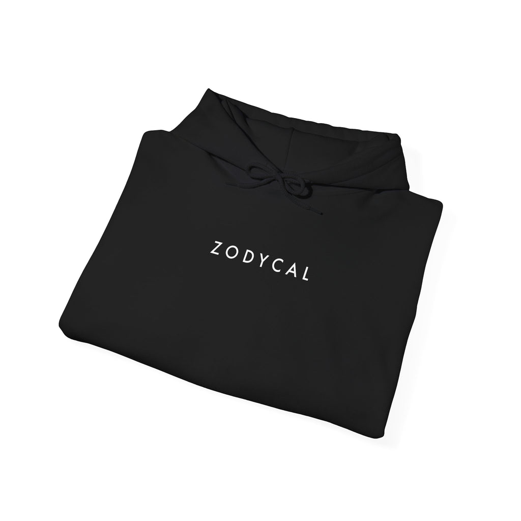 Front view of a folded Black hoodie featuring a minimalist Zodycal brand design