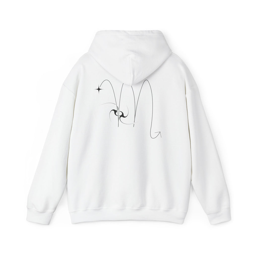 Back view of a white hoodie featuring a minimalist Scorpio zodiac design in orbital line-art