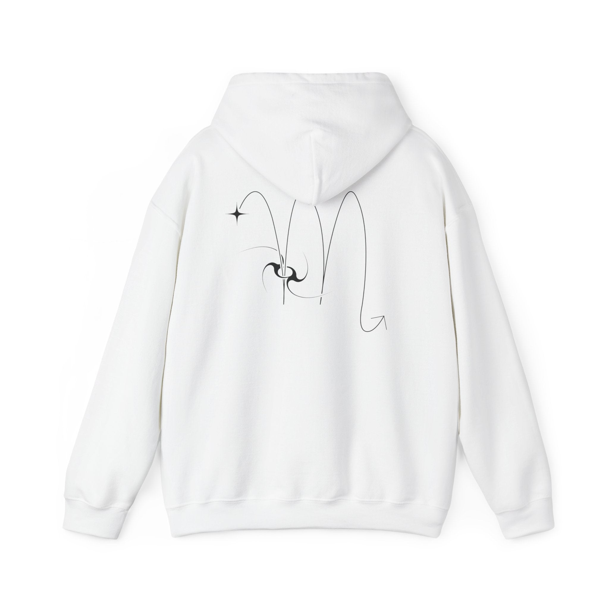 Back view of a white hoodie featuring a minimalist Scorpio zodiac design in orbital line-art