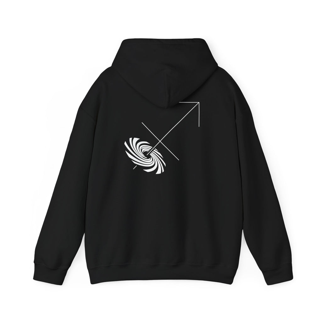 Back view of a black hoodie featuring a minimalist Sagittarius zodiac design in orbital line-art