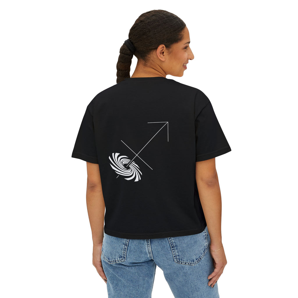 Person wearing a Black t-shirt with a minimalist Sagittarius zodiac design in orbital line-art in the back