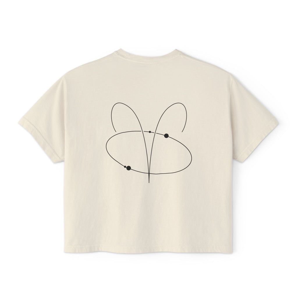 Back view of a Beige t-shirt featuring a minimalist Aries zodiac design in orbital line-art