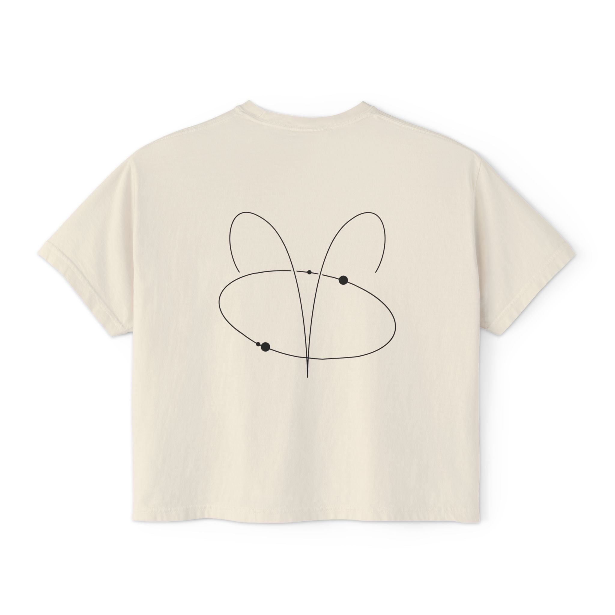 Back view of a Beige t-shirt featuring a minimalist Aries zodiac design in orbital line-art