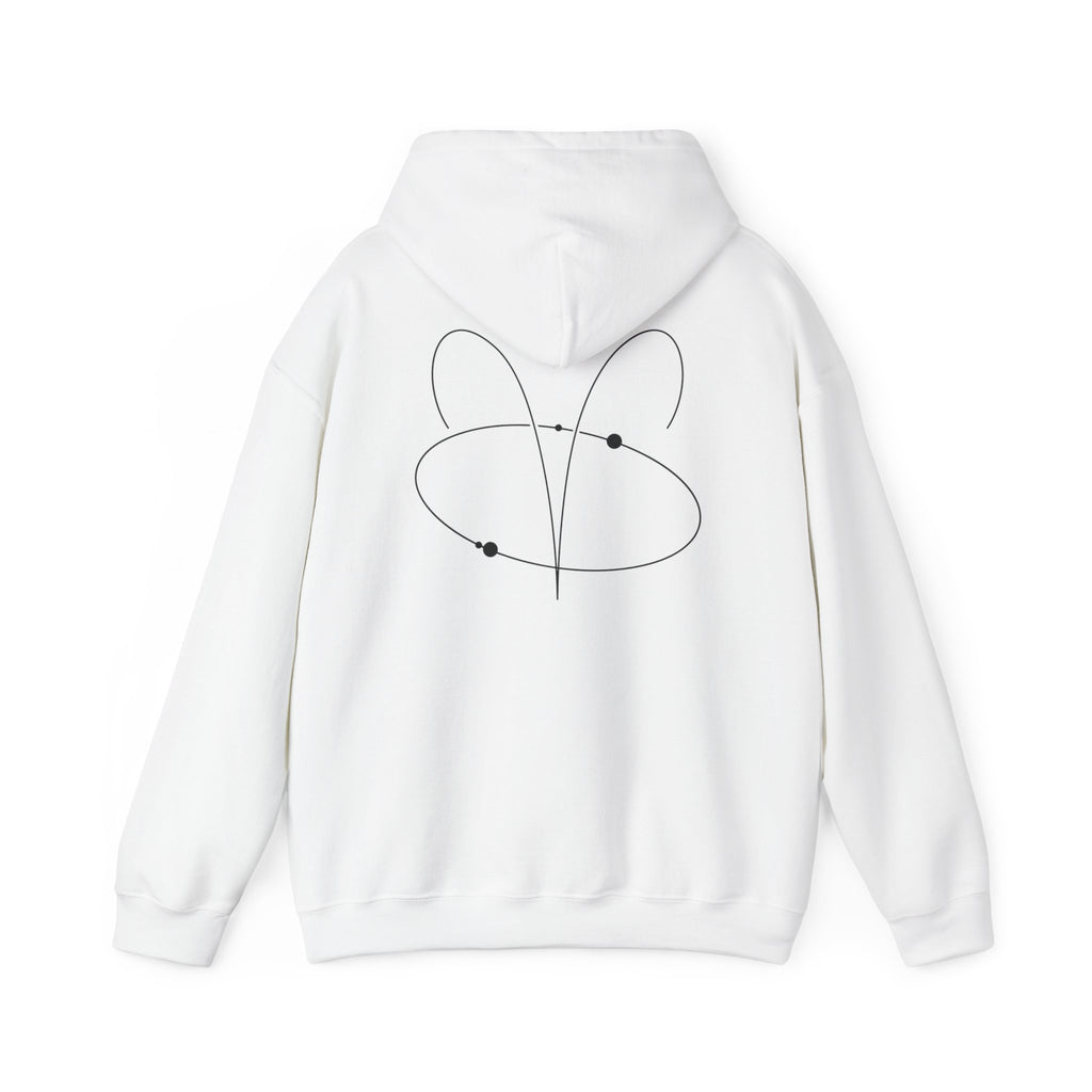 Back view of a white hoodie featuring a minimalist Aries zodiac design in orbital line-art