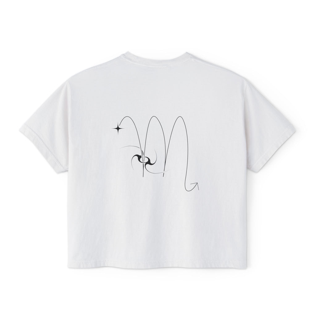 Back view of a white t-shirt featuring a minimalist Scorpio zodiac design in orbital line-art
