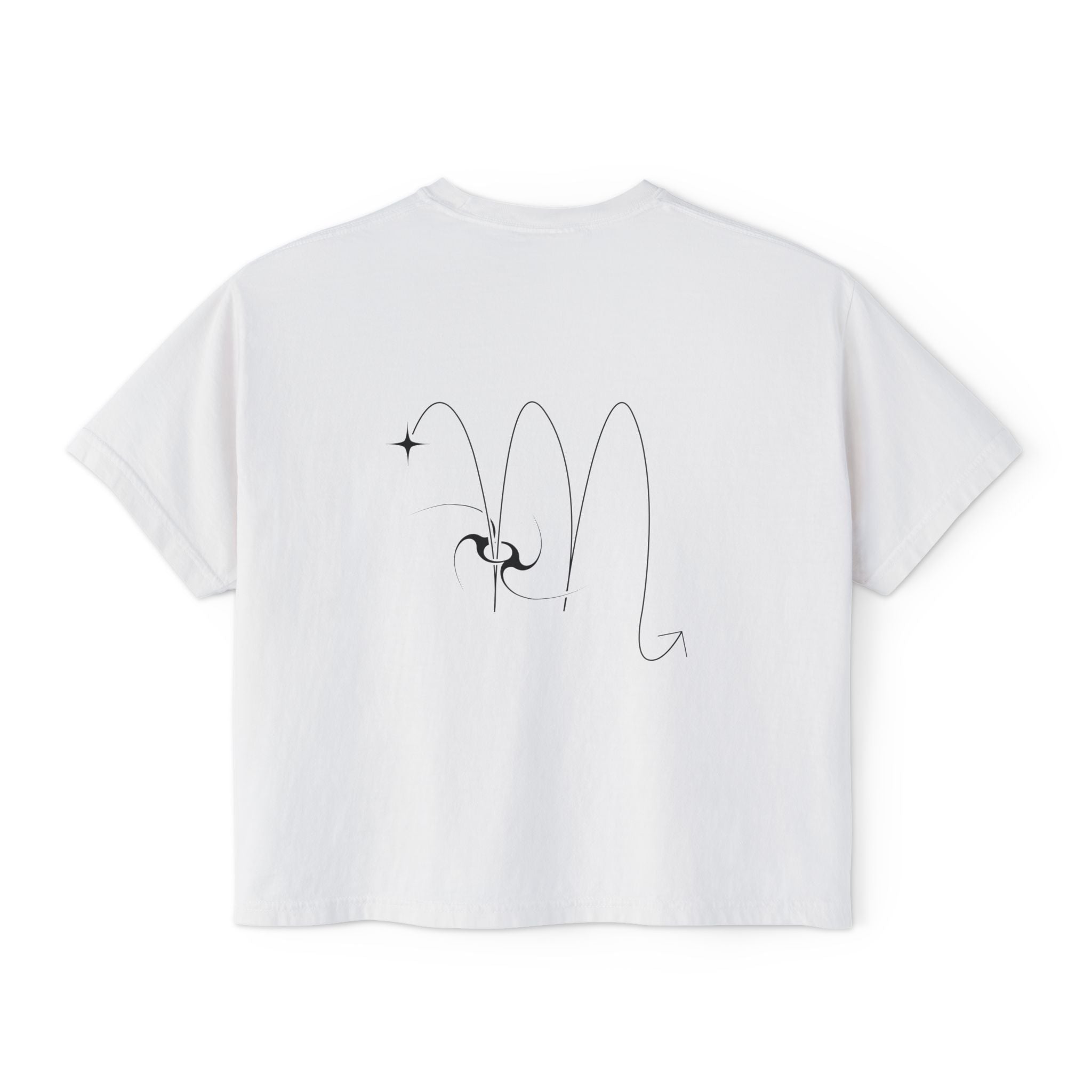 Back view of a white t-shirt featuring a minimalist Scorpio zodiac design in orbital line-art