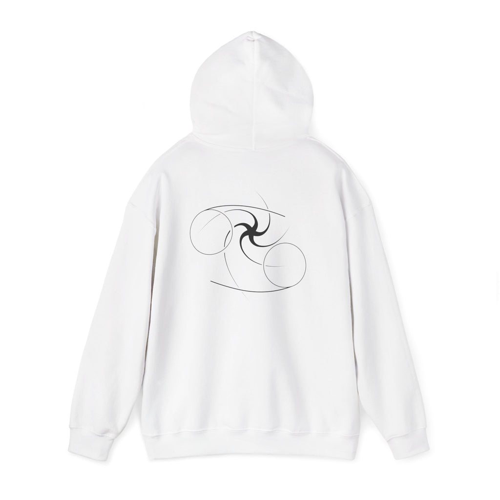 Back view of a white hoodie featuring a minimalist Cancer zodiac design in orbital line-art