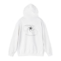 Back view of a white hoodie featuring a minimalist Cancer zodiac design in orbital line-art