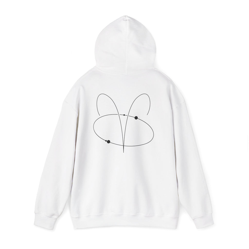 Back view of a white hoodie featuring a minimalist Aries zodiac design in orbital line-art