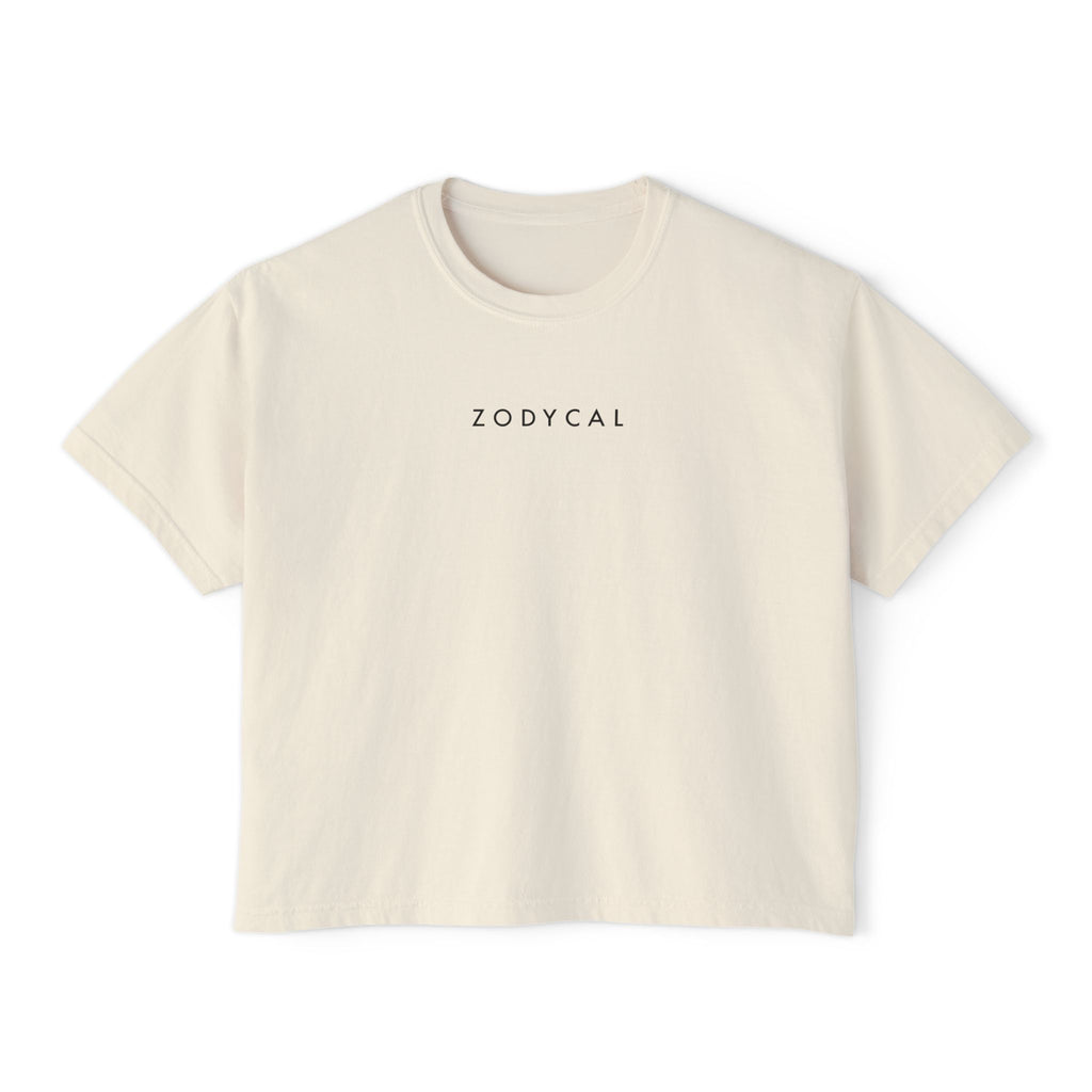 Front view of a Beige t-shirt featuring a minimalist Zodycal brand design