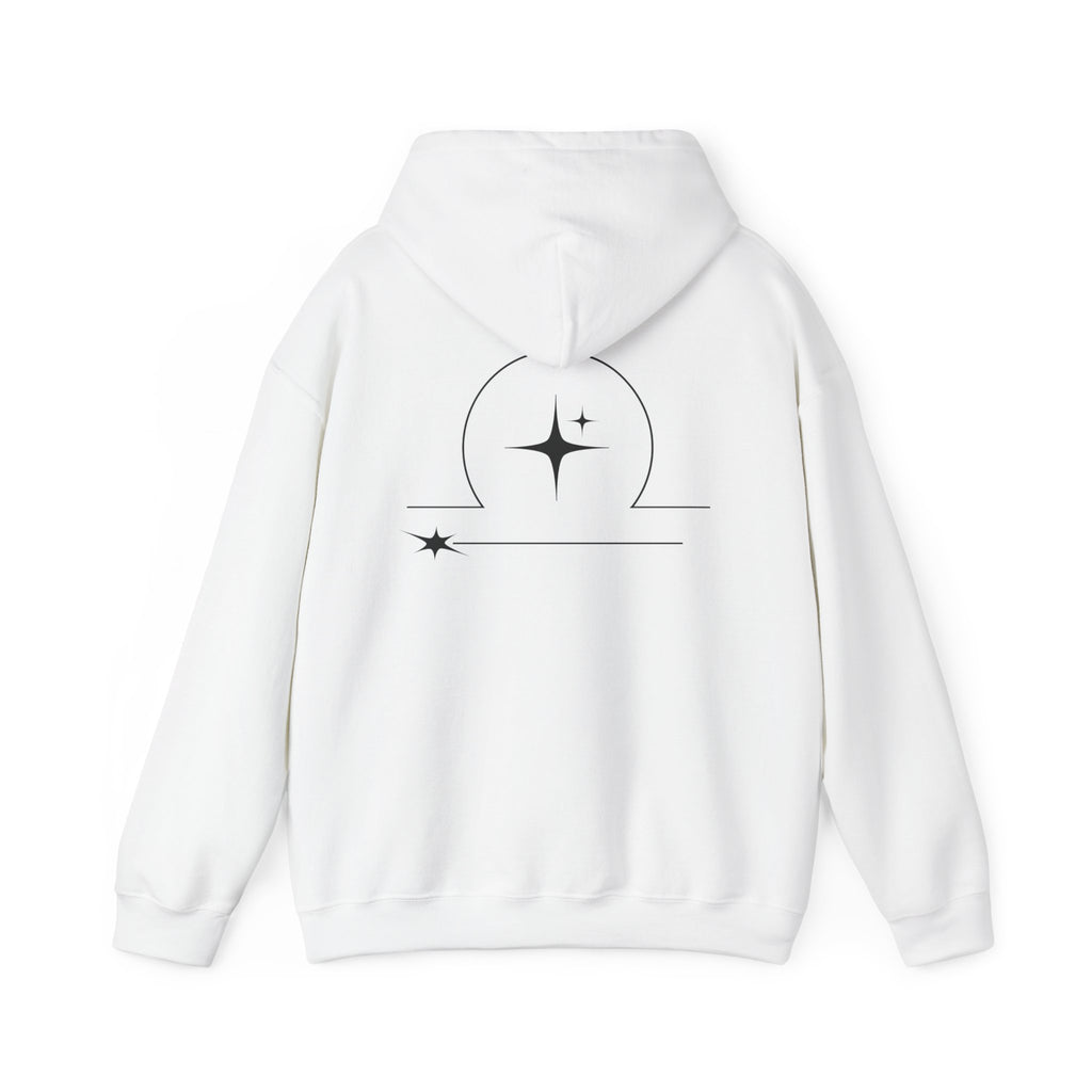 Back view of a white hoodie featuring a minimalist Libra zodiac design in orbital line-art