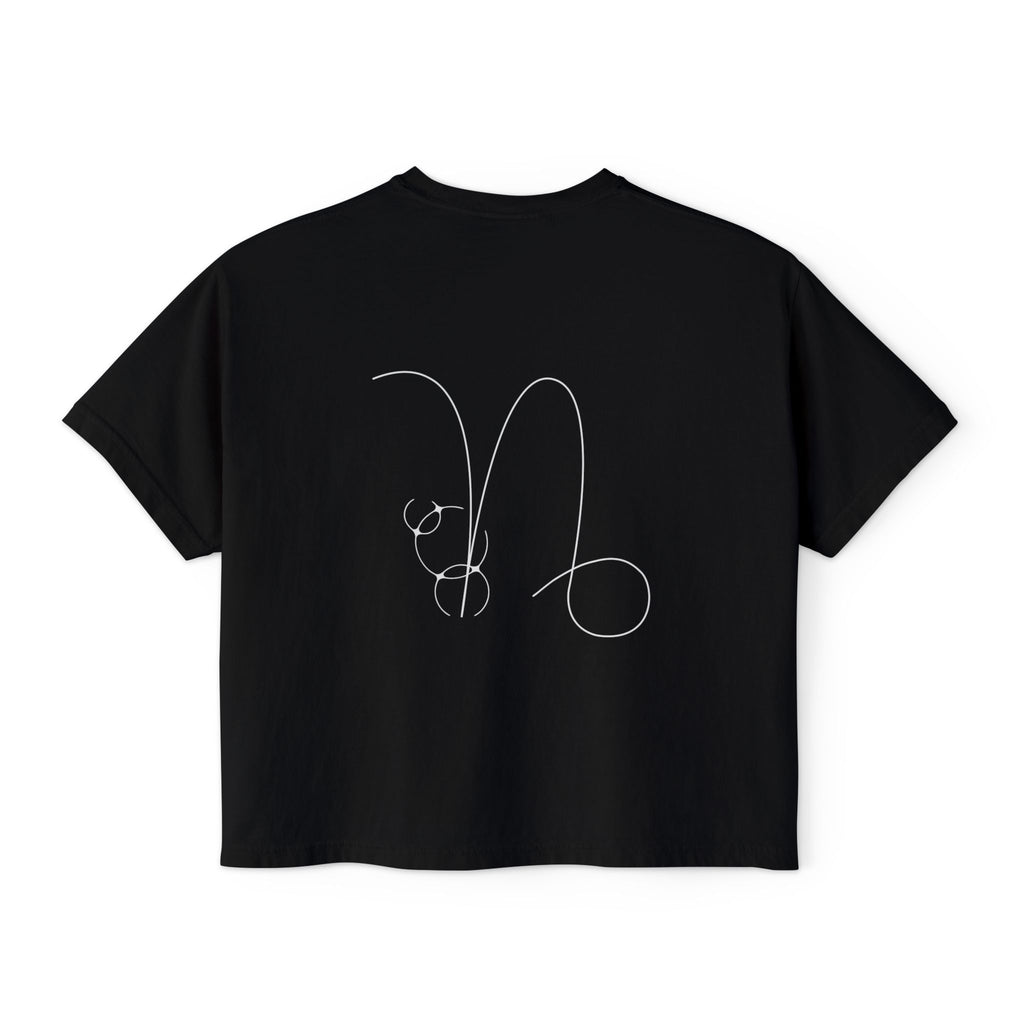 Back view of a Black t-shirt featuring a minimalist Capricorn zodiac design in orbital line-art