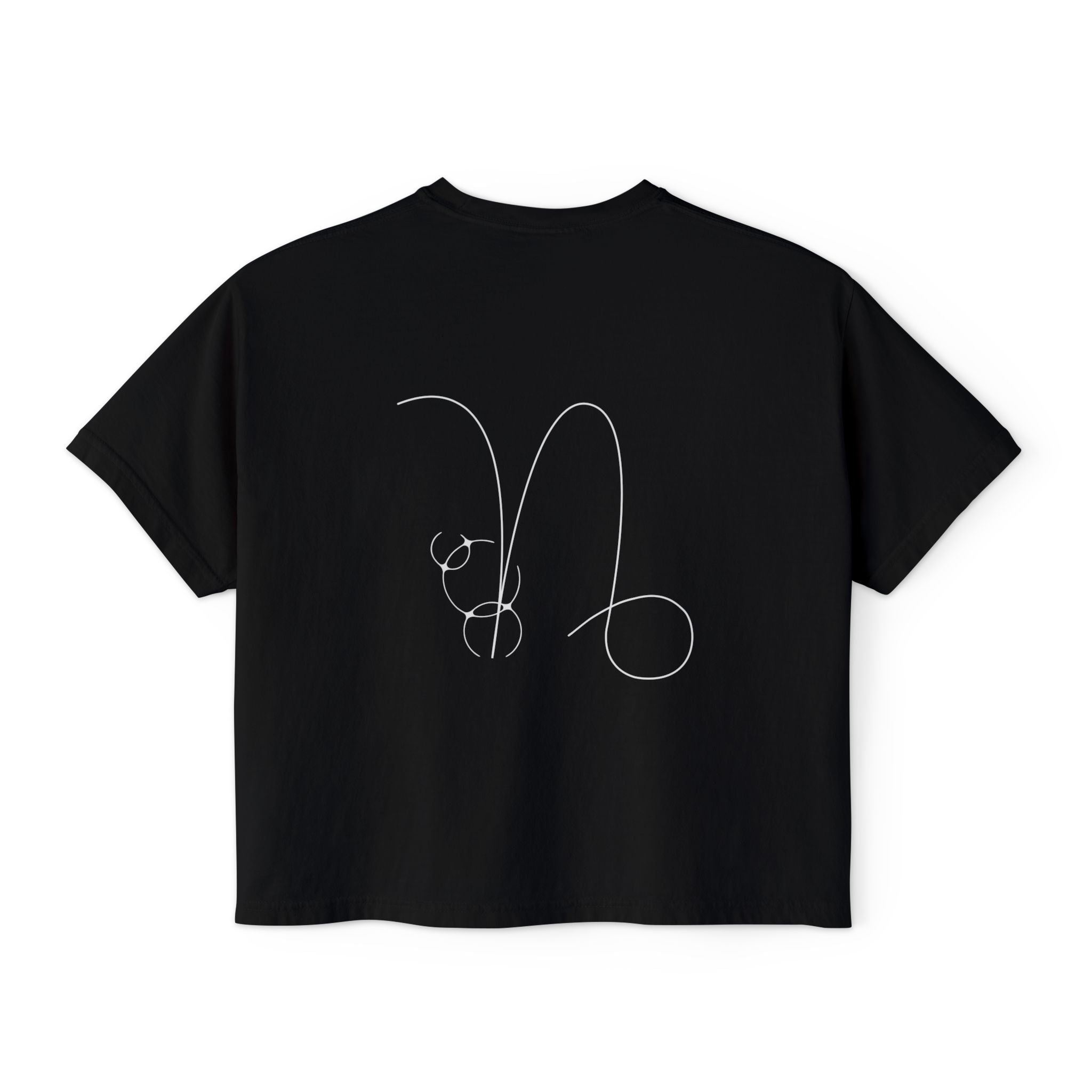 Back view of a Black t-shirt featuring a minimalist Capricorn zodiac design in orbital line-art