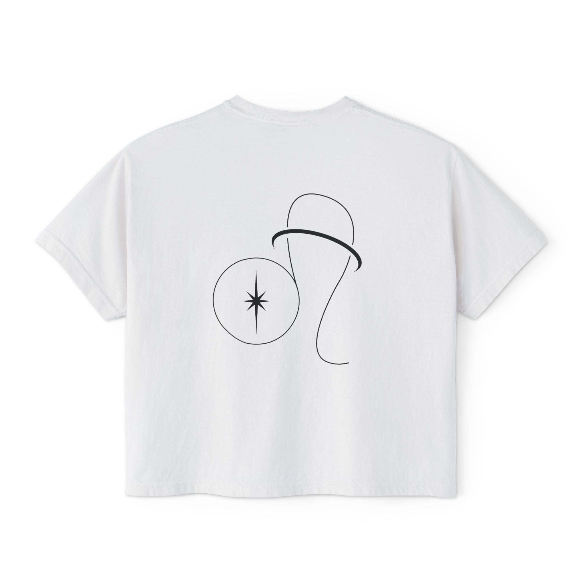 Back view of a white t-shirt featuring a minimalist Leo zodiac design in orbital line-art