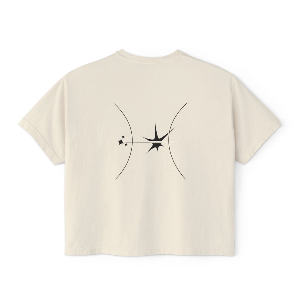 Back view of a Beige t-shirt featuring a minimalist Pisces zodiac design in orbital line-art