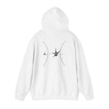 Back view of a white hoodie featuring a minimalist Pisces zodiac design in orbital line-art