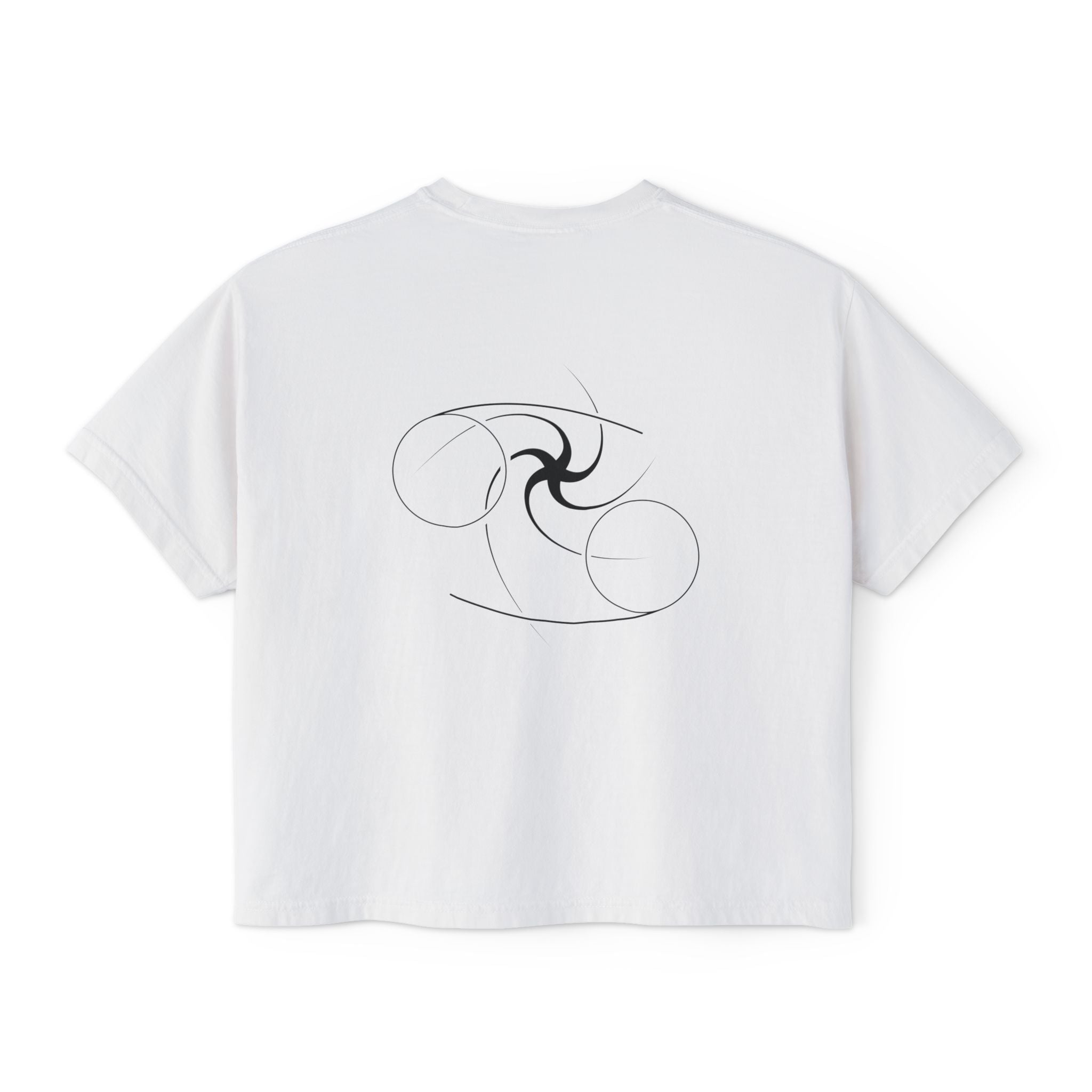 Back view of a white t-shirt featuring a minimalist Cancer zodiac design in orbital line-art