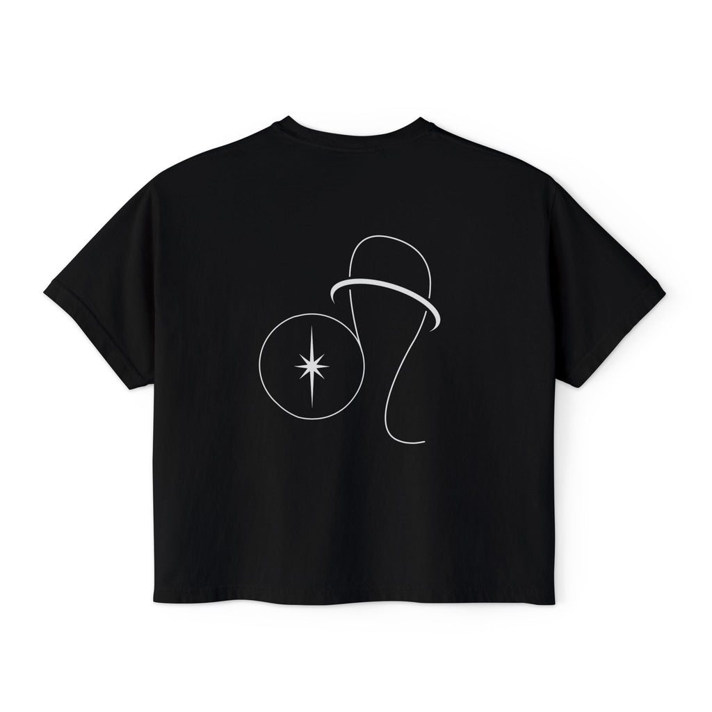 Back view of a Black t-shirt featuring a minimalist Leo zodiac design in orbital line-art