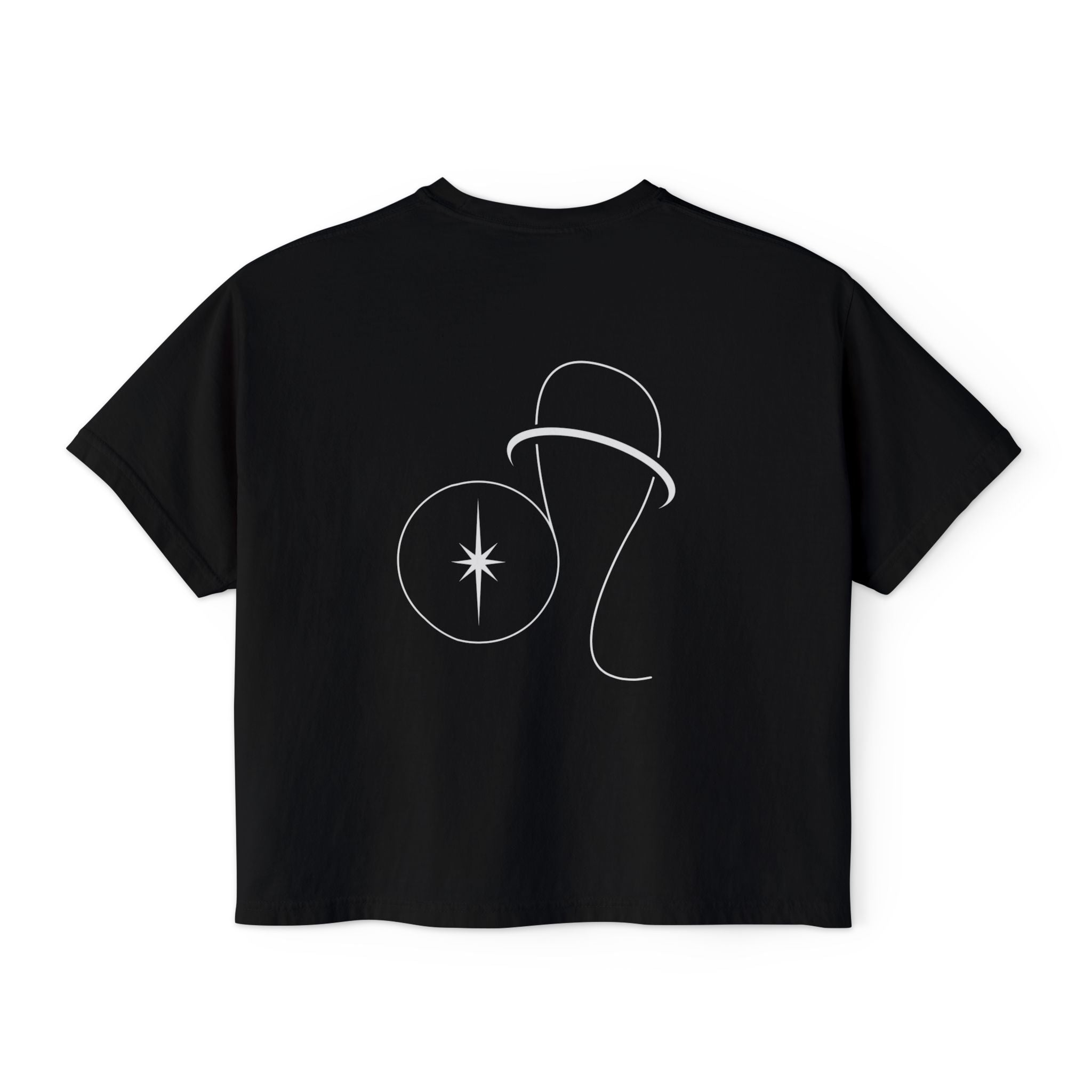 Back view of a Black t-shirt featuring a minimalist Leo zodiac design in orbital line-art