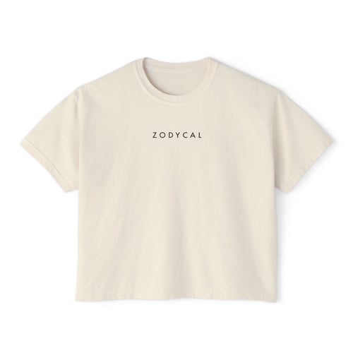 Front view of a Beige t-shirt featuring a minimalist Zodycal brand design