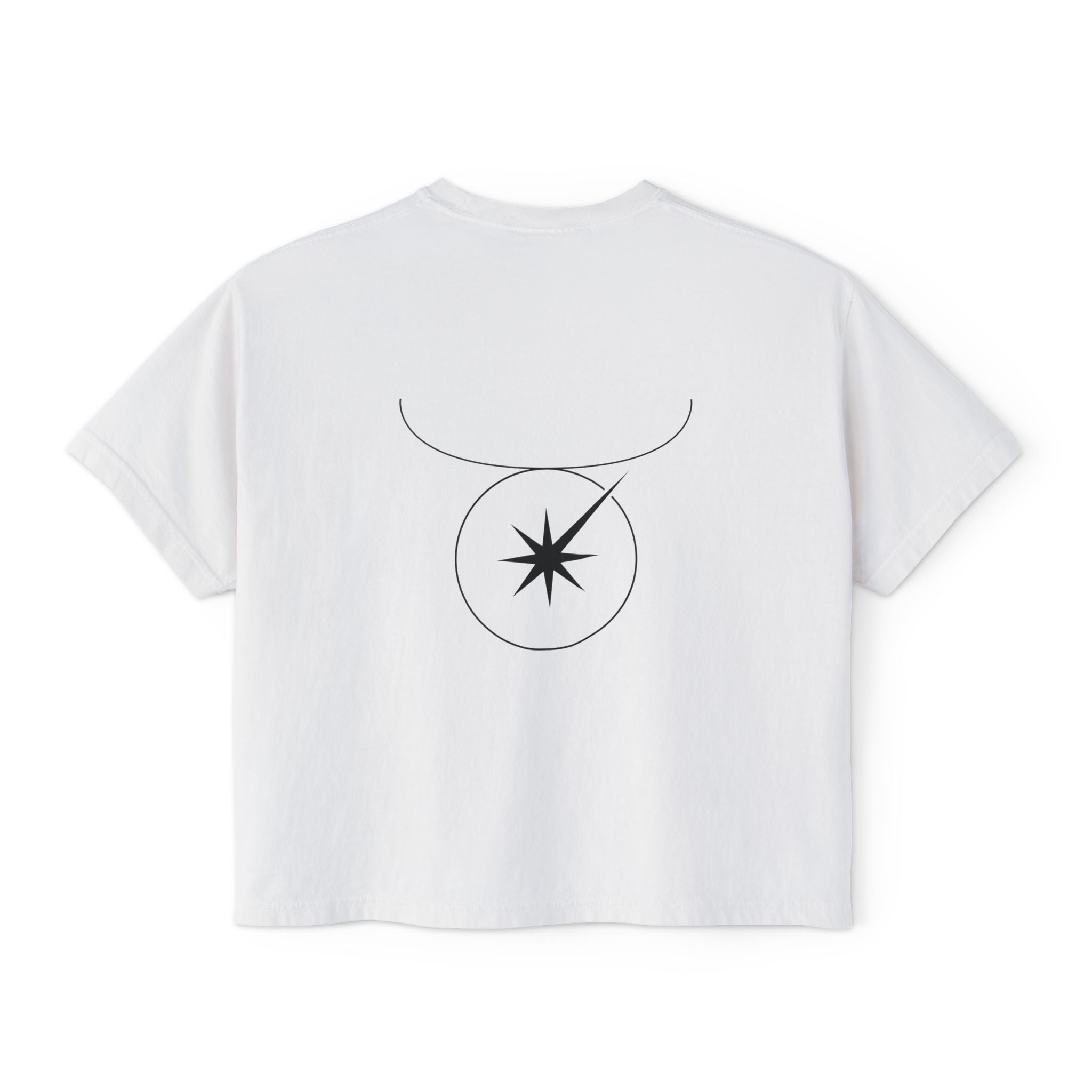 Back view of a white t-shirt featuring a minimalist Taurus zodiac design in orbital line-art