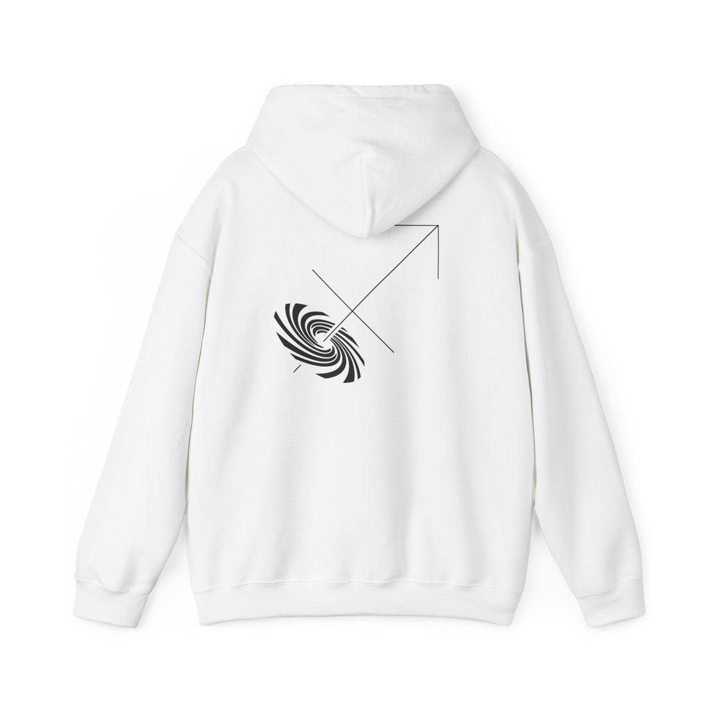 Back view of a white hoodie featuring a minimalist Sagittarius zodiac design in orbital line-art