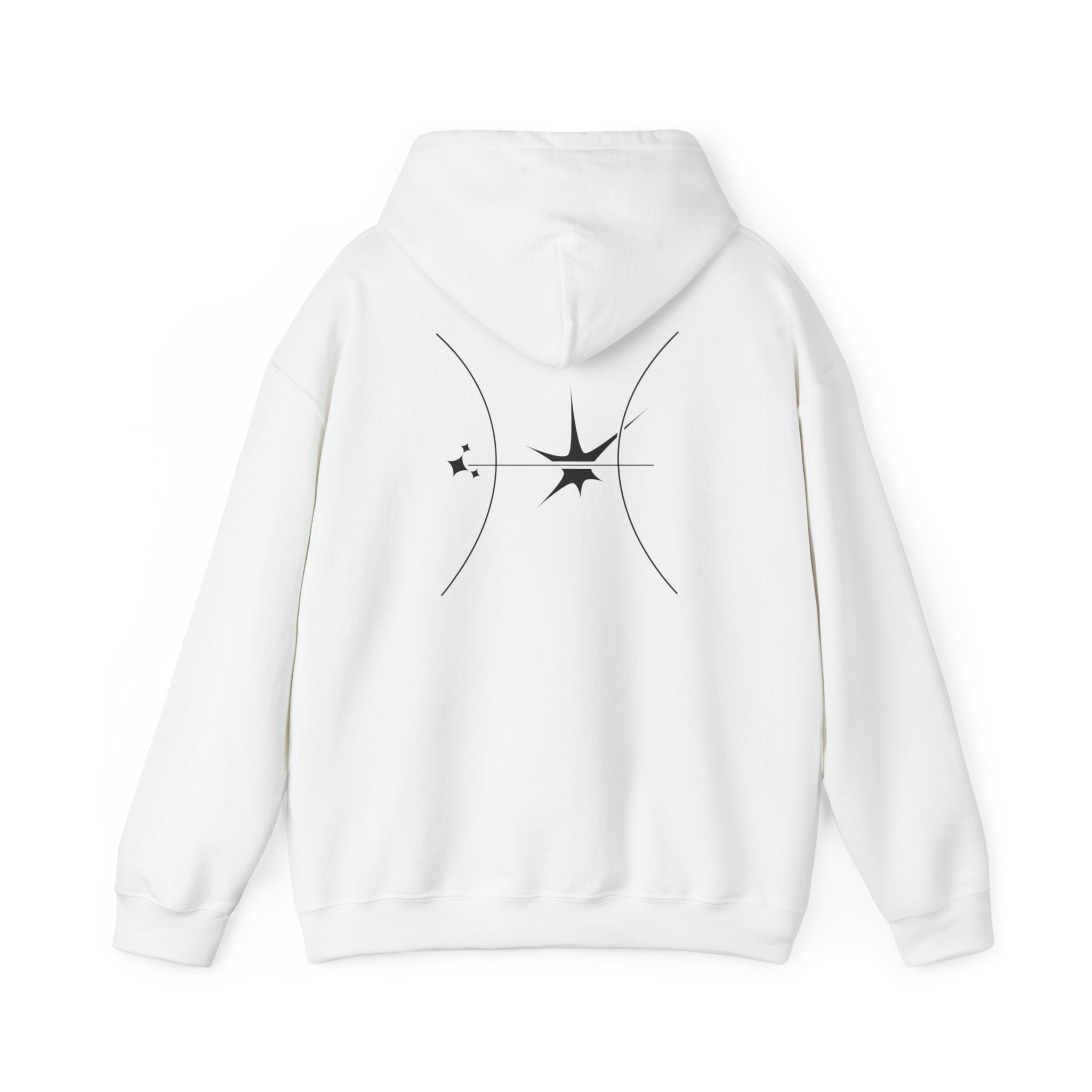 Back view of a white hoodie featuring a minimalist Pisces zodiac design in orbital line-art