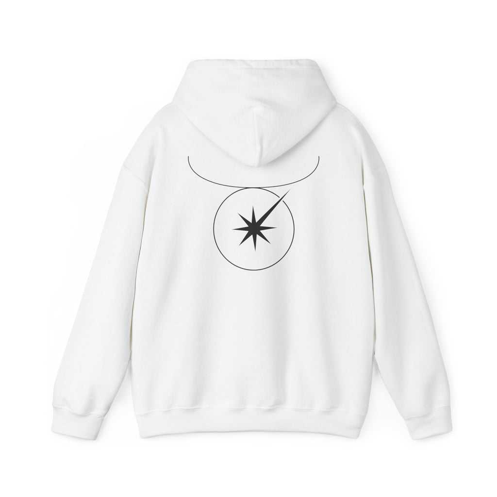 Back view of a white hoodie featuring a minimalist Taurus zodiac design in orbital line-art
