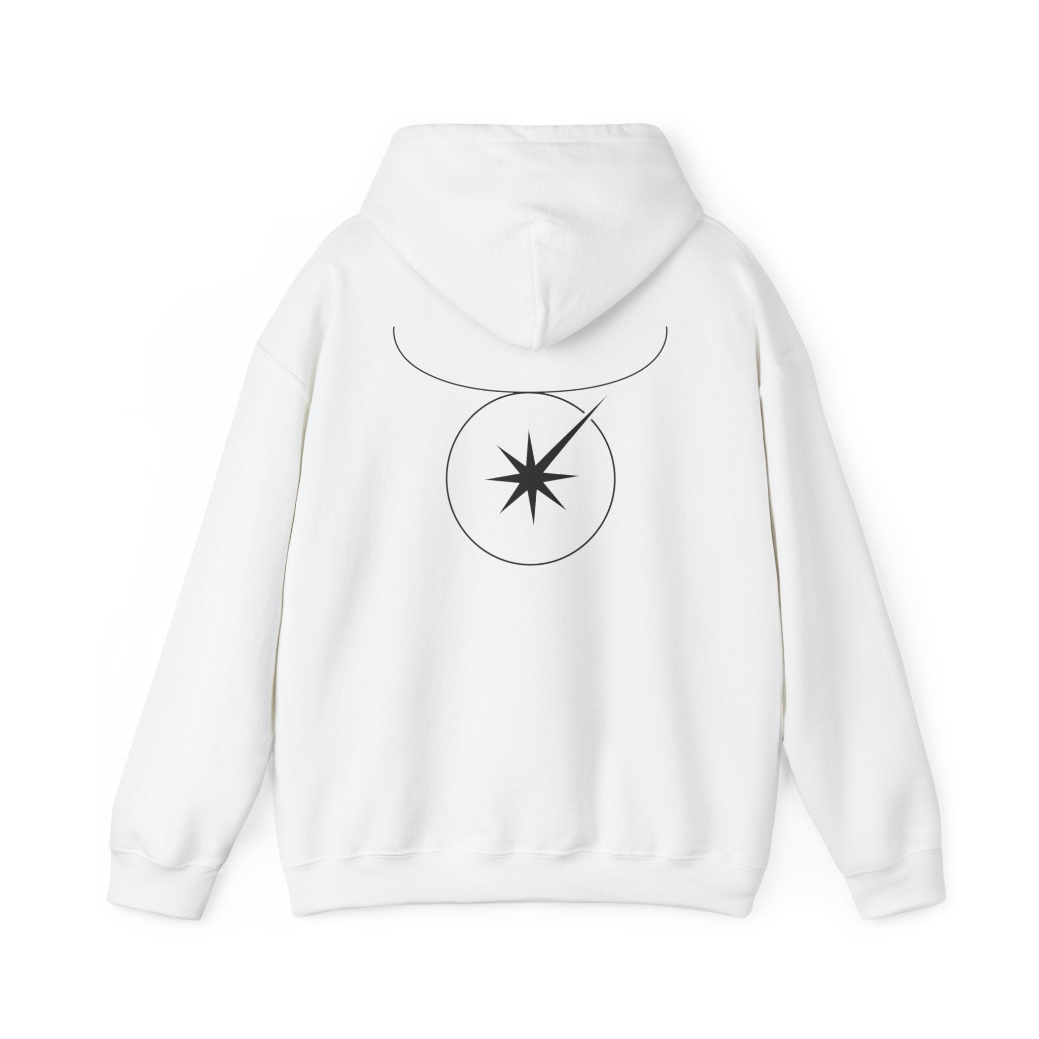 Back view of a white hoodie featuring a minimalist Taurus zodiac design in orbital line-art