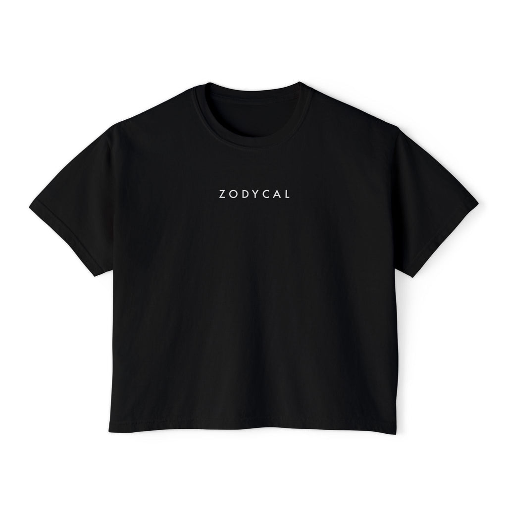 Front view of a Black T-Shirt featuring a minimalist Zodycal brand design