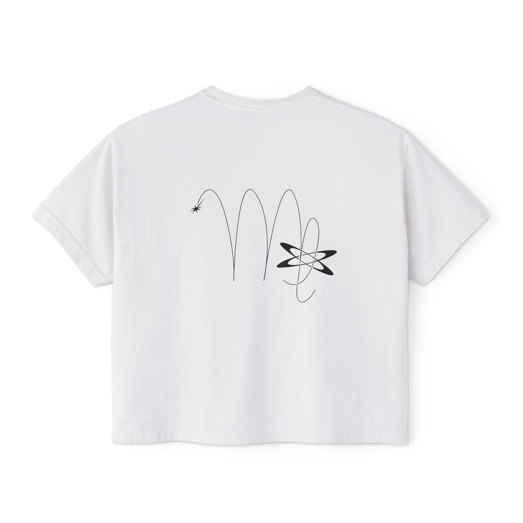 Back view of a white t-shirt featuring a minimalist Virgo zodiac design in orbital line-art