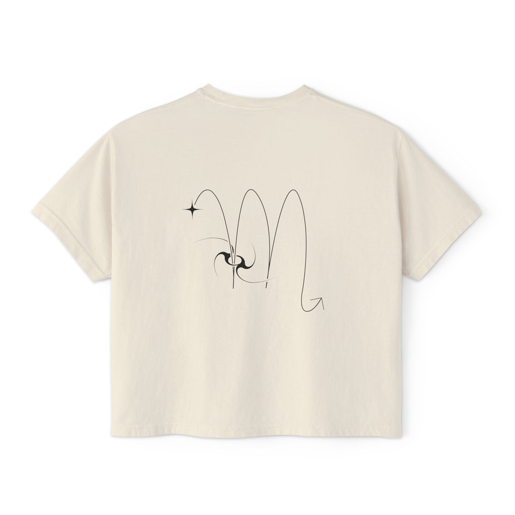 Back view of a Beige t-shirt featuring a minimalist Scorpio zodiac design in orbital line-art