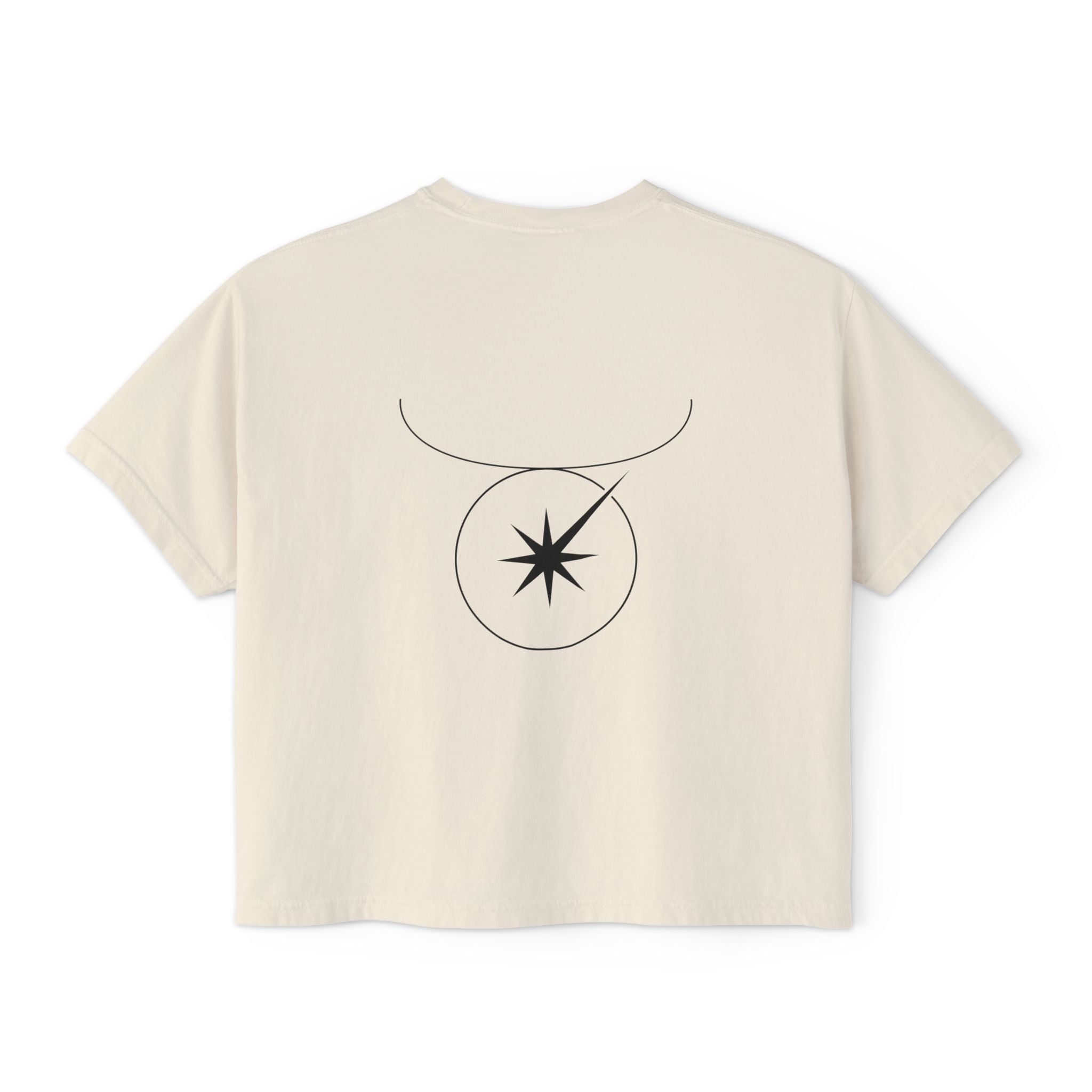 Back view of a Beige t-shirt featuring a minimalist Taurus zodiac design in orbital line-art