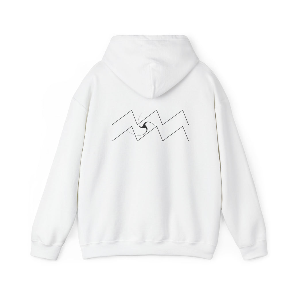 Back view of a white hoodie featuring a minimalist Aquarius zodiac design in orbital line-art