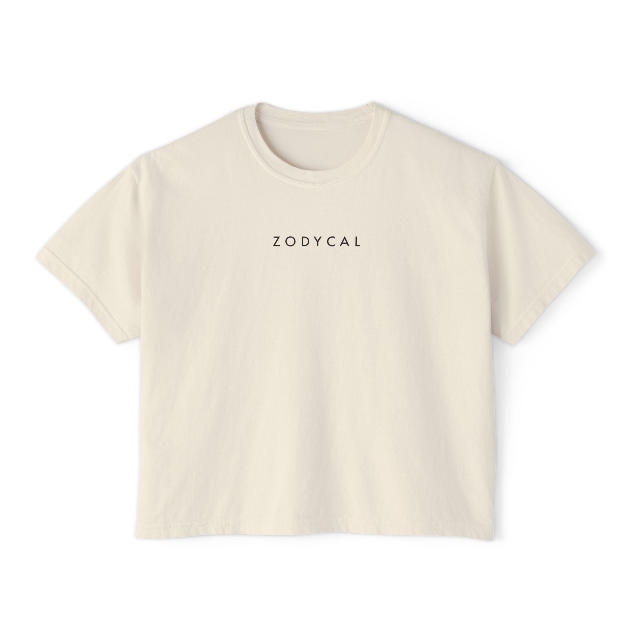Front view of a Beige t-shirt featuring a minimalist Zodycal brand design