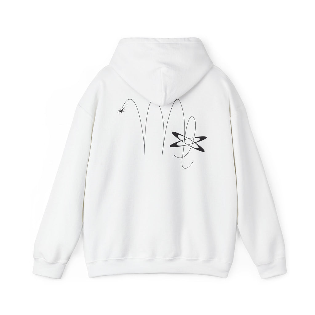 Back view of a white hoodie featuring a minimalist Virgo zodiac design in orbital line-art