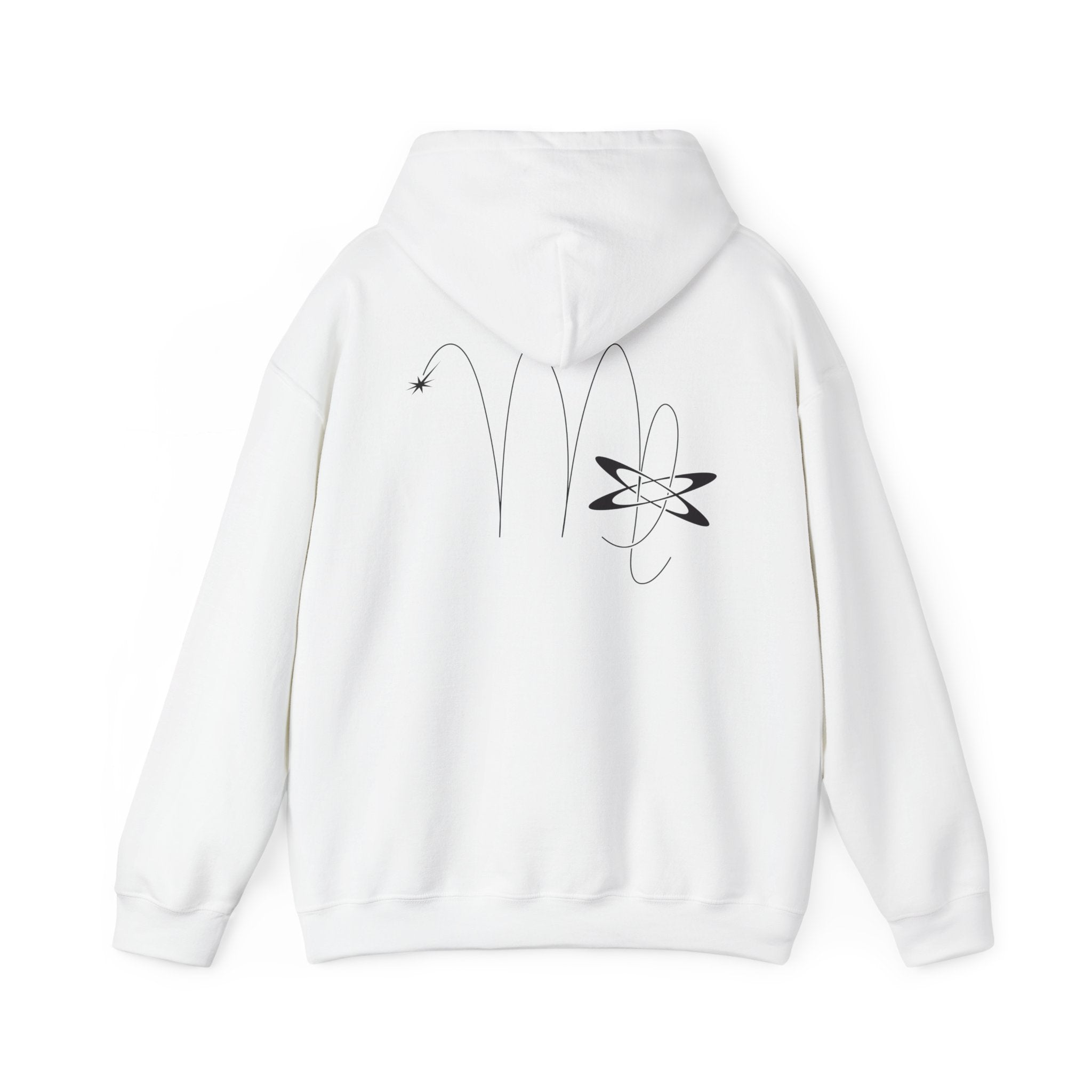 Back view of a white hoodie featuring a minimalist Virgo zodiac design in orbital line-art
