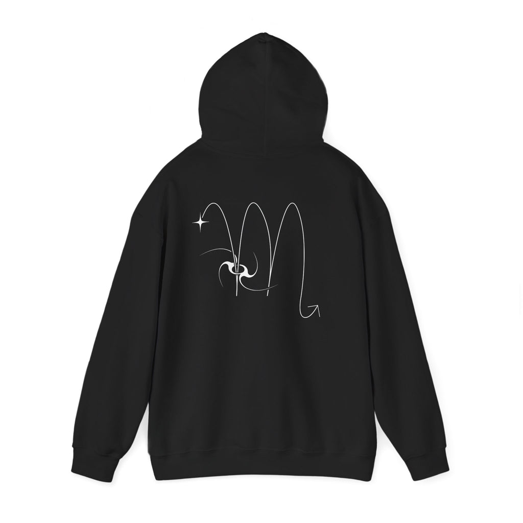 Back view of a black hoodie featuring a minimalist Scorpio zodiac design in orbital line-art