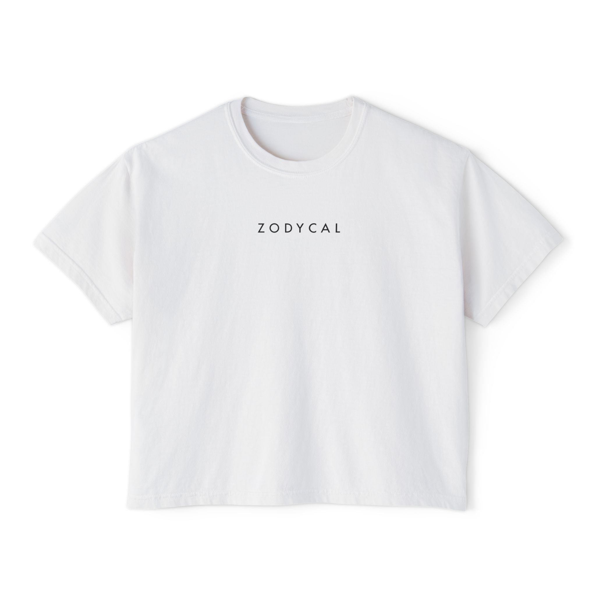 Front view of a White T-Shirt featuring a minimalist Zodycal brand design