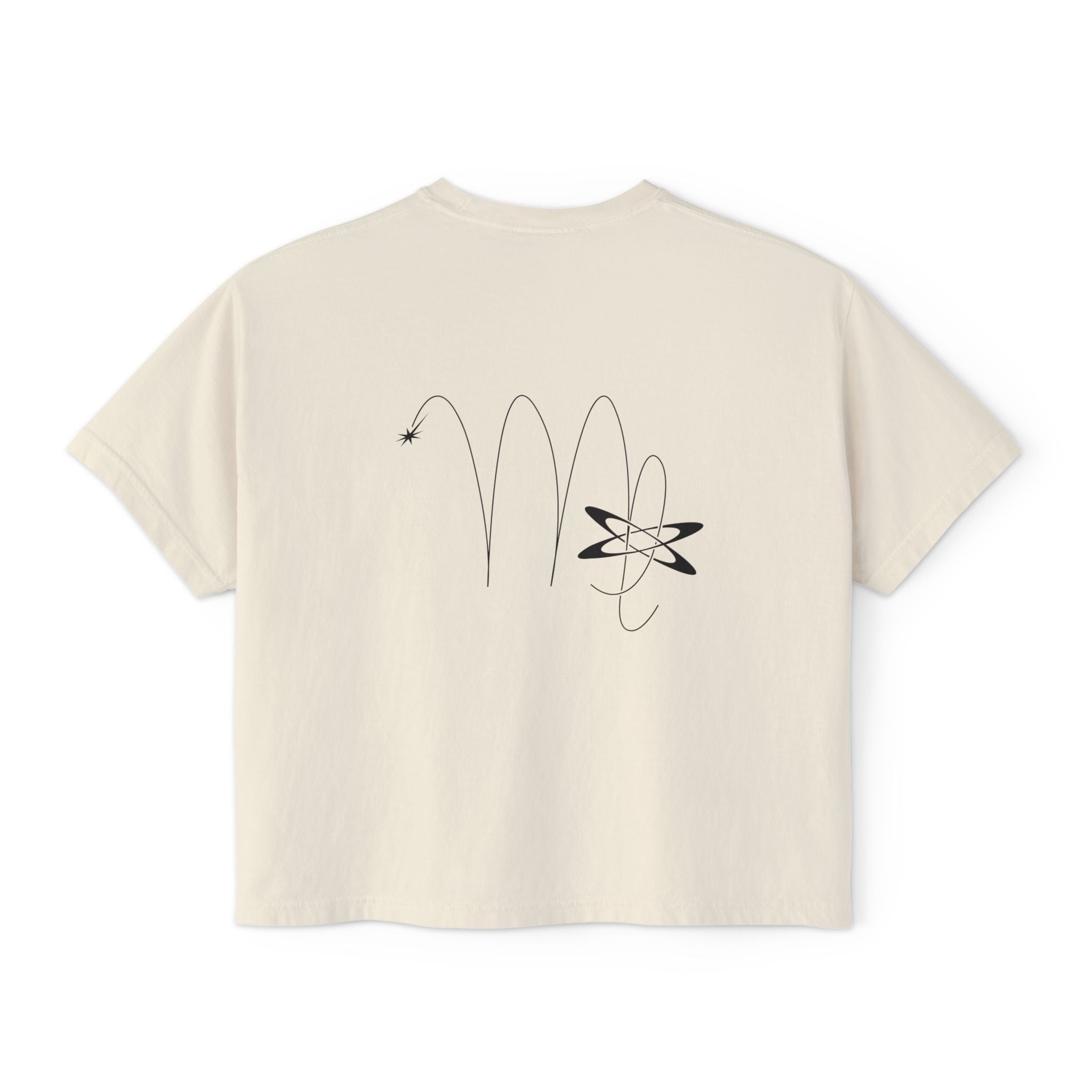 Back view of a Beige t-shirt featuring a minimalist Virgo zodiac design in orbital line-art