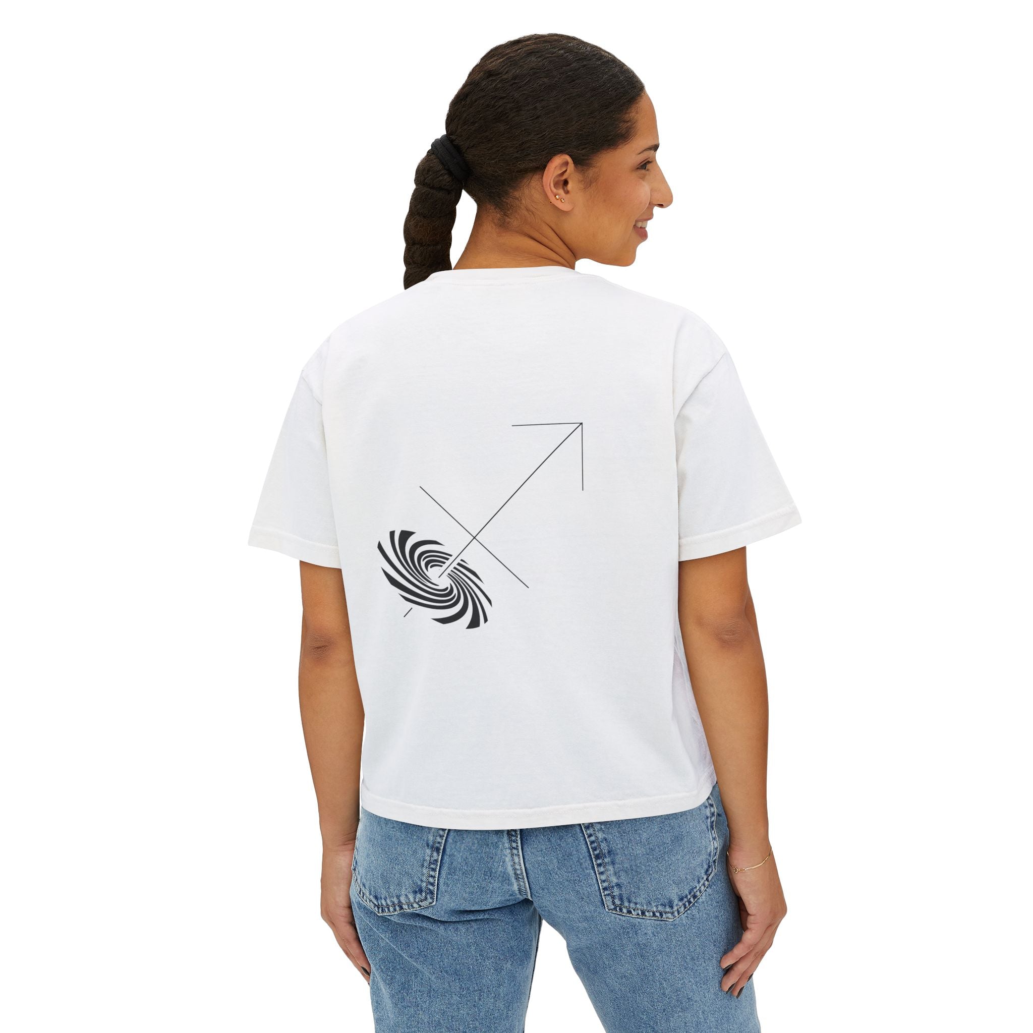 Person wearing a white t-shirt with a minimalist Sagittarius zodiac design in orbital line-art in the back