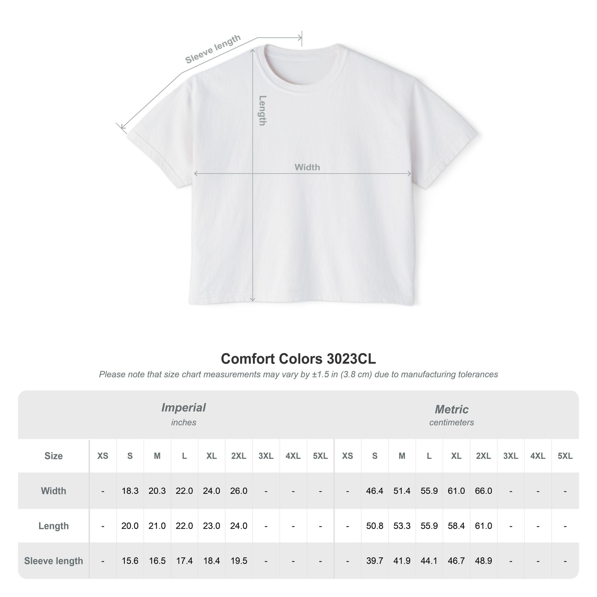 White t-shirt with measurement lines and size chart on a white background